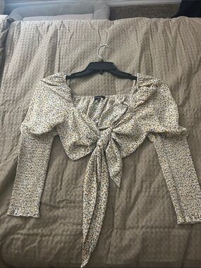 Papaya White Floral Tie-Front Puff Sleeve Crop Top with Yellow & Navy Print